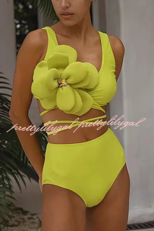 Solid Color Large Flower Decoration High Waist Elastic Two Piece Bikini Swimsuit