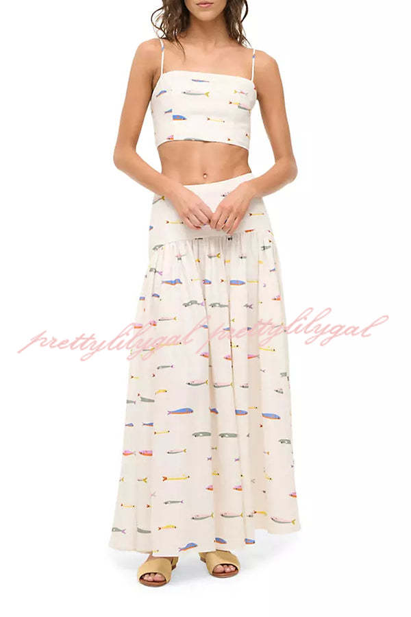 Island Resort Linen Blend Back Smocked Crop Tank and High Rise A-line Maxi Skirt Set