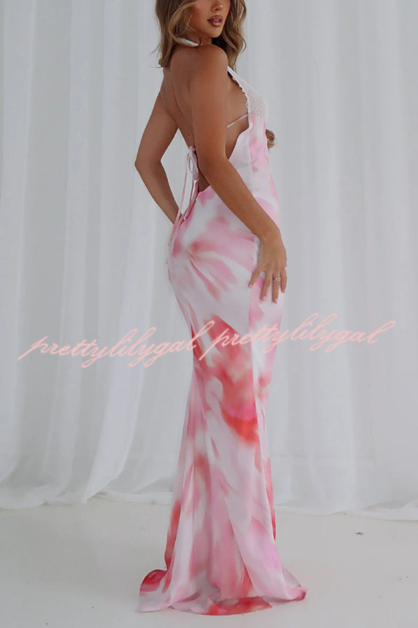 Fashion Printed Halter Neck Backless Lace-Up Sexy Slim Maxi Dress