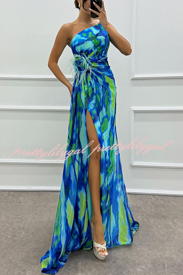 Amazing Views Watercolor Print Feather Rose Detail Off Shoulder Pleated Slit Maxi Dress