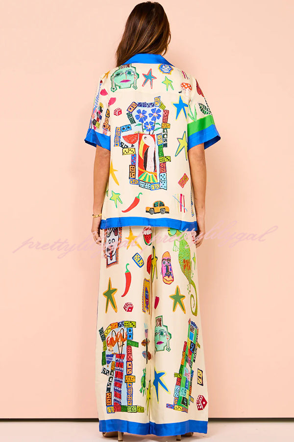 Vibrant Beach Satin Unique Print Colorblock Trim Elastic Waist Pocketed Wide Leg Pants