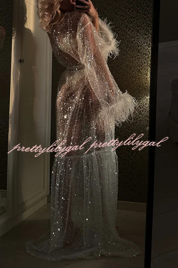 Fashionable Sequined Feather Long-sleeved Vacation Loose Extra-long Sun Protection Cover-up