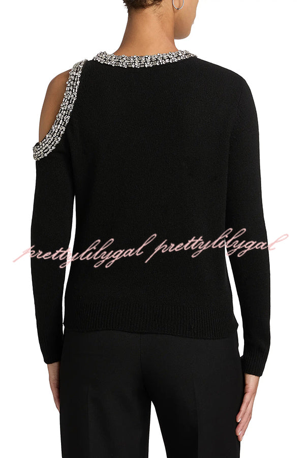 Holiday Party Knit Crystal-Embellished Cut-out Shoulder Long Sleeve Top