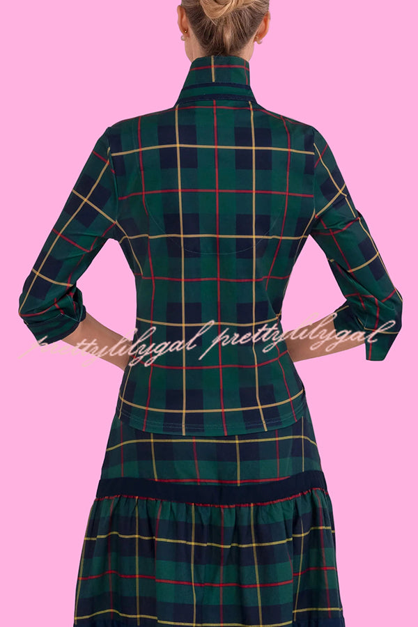 Embrace The Festival Plaid Twist Half Sleeve Shirt and Elastic Waist Pencil Pants Set