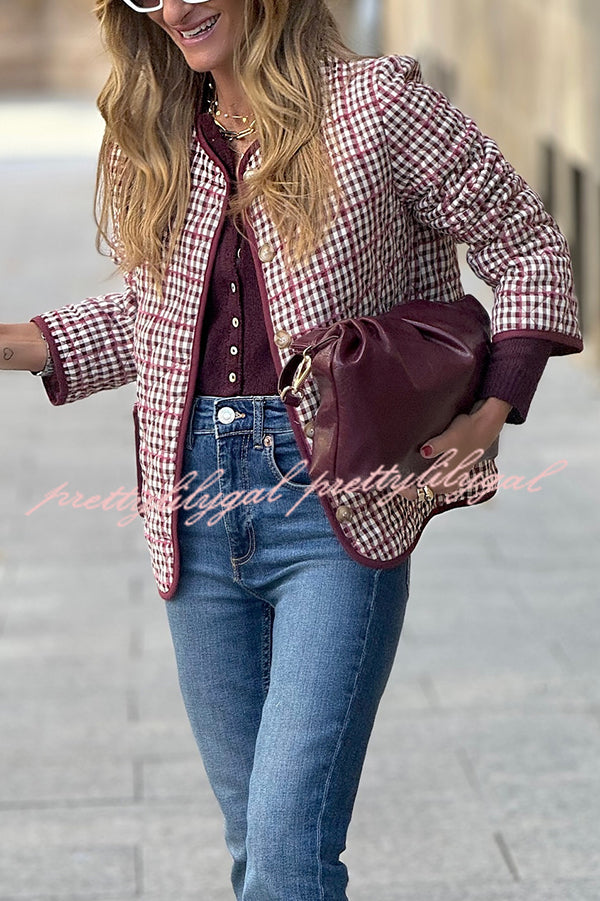 Warm Texture Plaid Button Quilted Pocket Loose Cotton Jacket