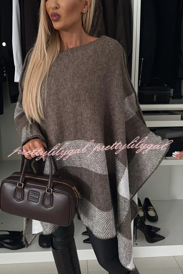 Calm and Elegant Knit Plaid Color Block Batwing Sleeve Loose Poncho