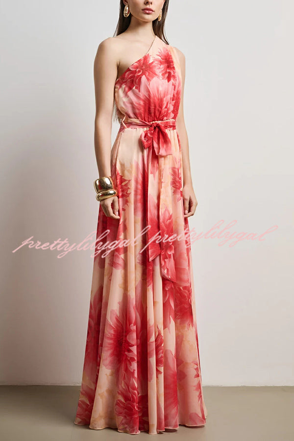 Floral Print One Shoulder Waist Tie Full Hem Resort Style Maxi Dress