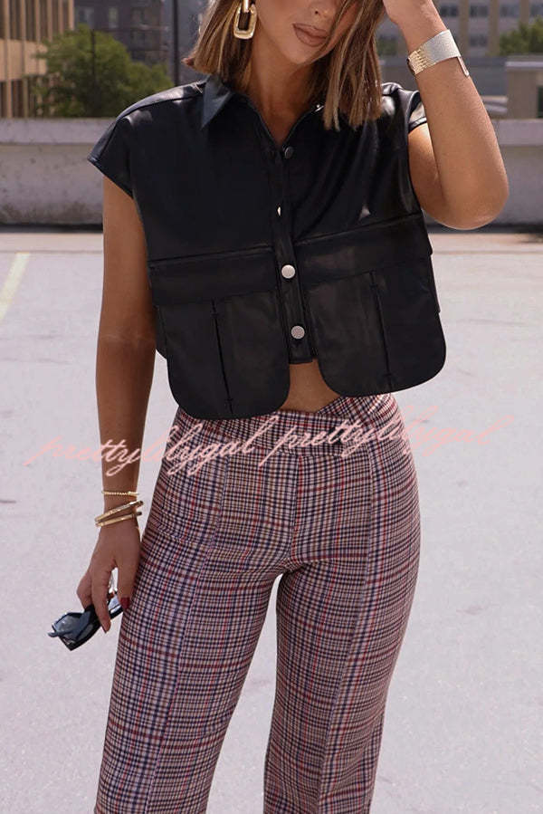Fashion Faux Leather Pocket Sleeveless Cropped Jacket