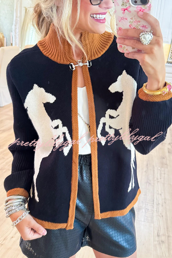 Stylish White Horse Pattern Casual Long-sleeved Knitted Cardigan