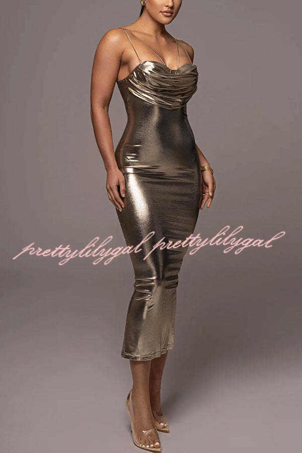 Visions of You Metallic Fabric Cowl Neck Removable Straps Stretch Midi Dress