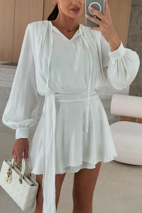Solid Color V-neck Tie Long Sleeve Waist Mini Dress