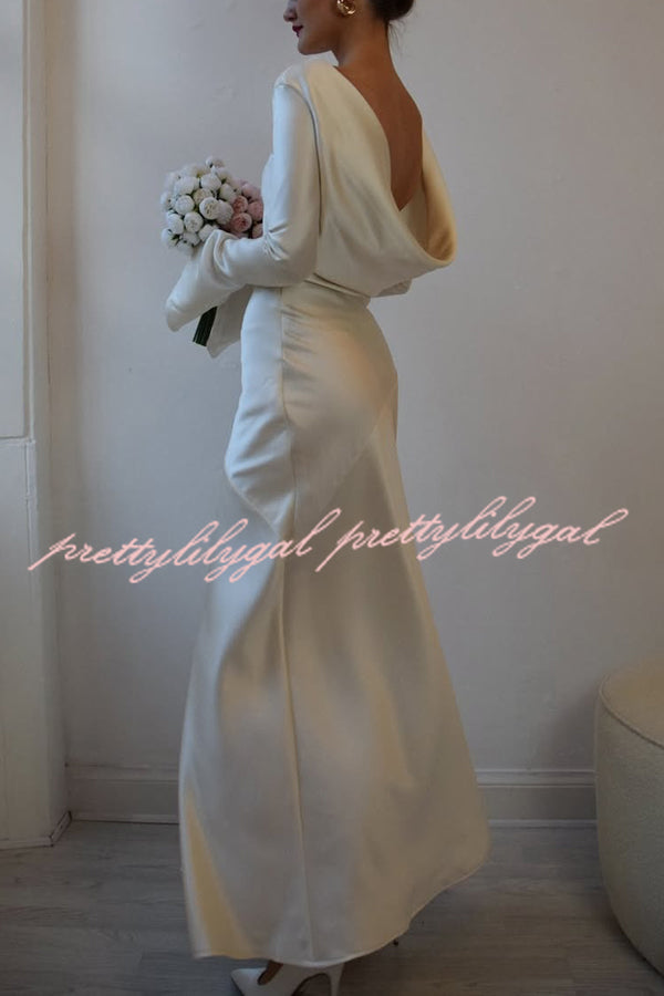 Satin Elegant Long-sleeved Open-back Slim-fit Slit Maxi Dress
