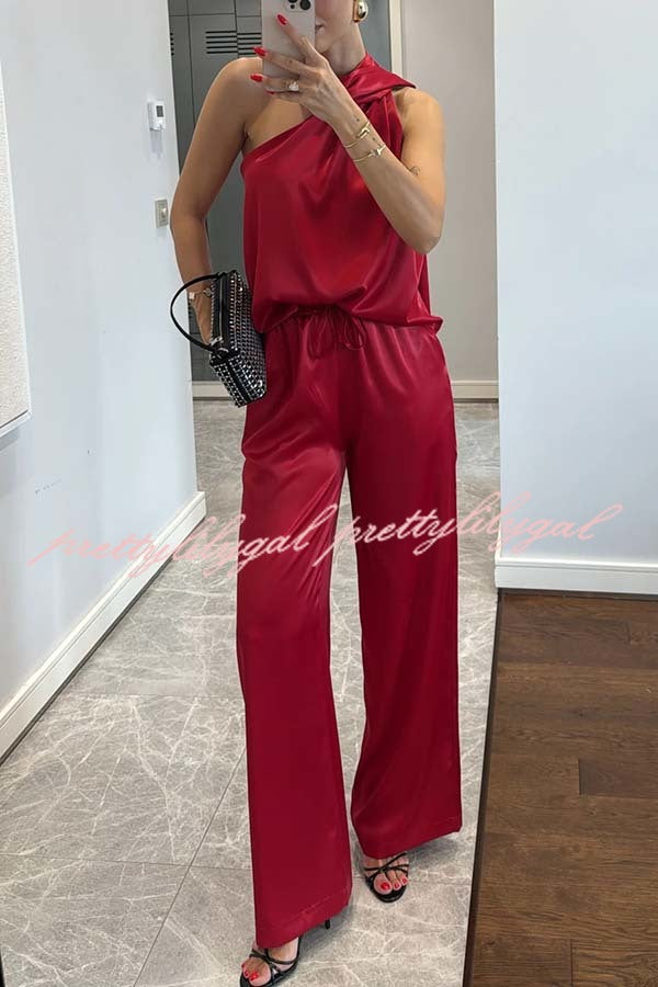 Kelson Satin Drape Neck One Shoulder Top and Elastic Waist Pocket Loose Pants Set