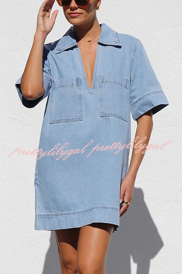 Amalie Light Denim Open Collar Pocketed Shift Style Mini Dress