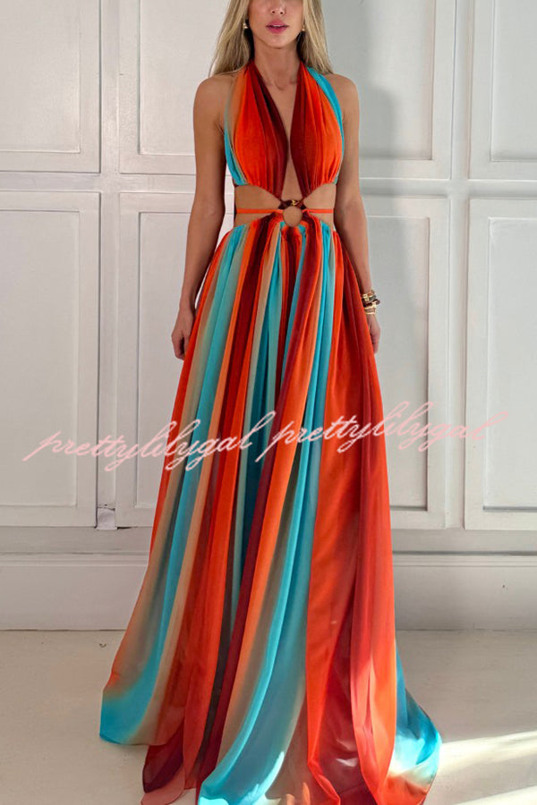 Variety of Styles Tulle Printed Ring Hollow Design Slit Vacation Maxi Dress