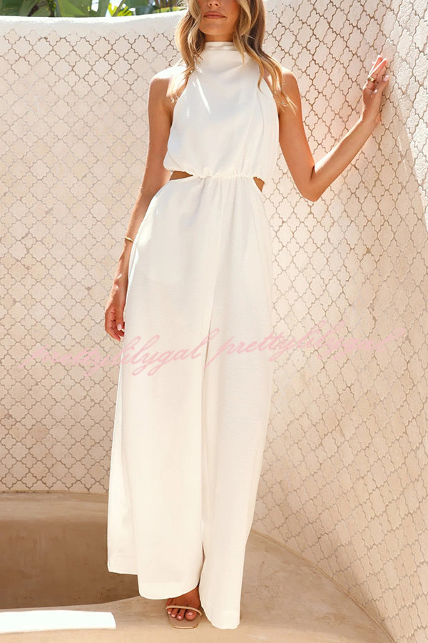 Solid Color Resort Style Halter Neck Waist Pocket Wide Leg Jumpsuit