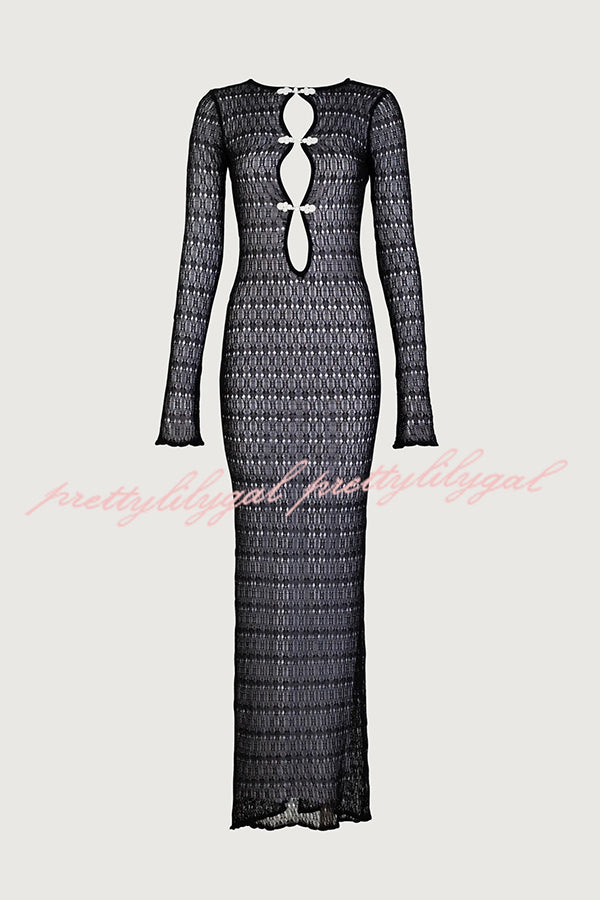 Ensley Knit Contrast Spiral Trim Cutout Long Sleeve Vacation Maxi Dress