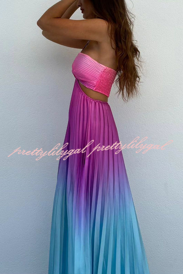 Get Ready Beautiful Gradient Print Cutout Halterneck Pleated Maxi Dress