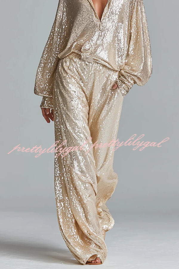 Glamorous Day Sequin Half Zip Loose Shirt and Elastic Waist Pocket Wide Leg Pants Set