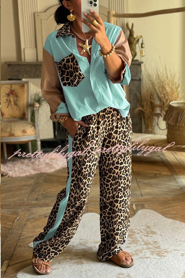 Leopard Print Patchwork Long-sleeved Loose Shirt and Elastic Waist Casual Pocket Wide-leg Pants Set