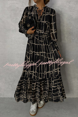 Unique Printed V-neck Tie-up Waist Long-sleeve Maxi Dress