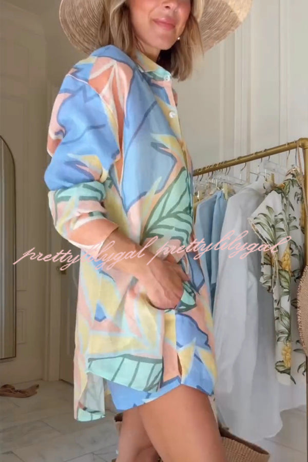 Bella Linen Blend Colorful Unique Print Long Sleeve Blouse and Elastic Waist Pocket Loose Shorts Set