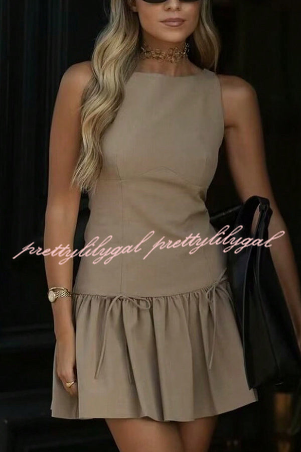 Solid Bow Round Neck Sleeveless Mini Dress