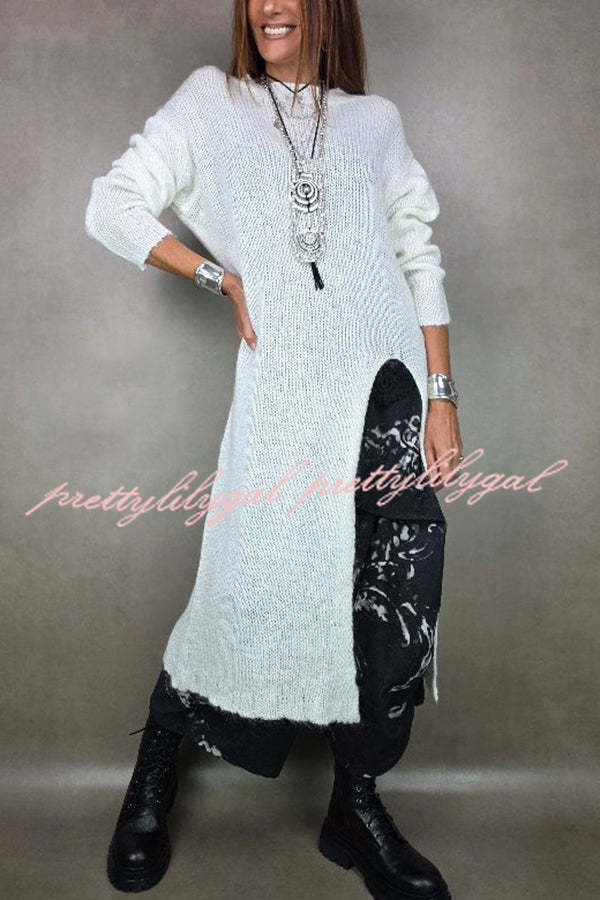 Solid Color Knitted Long-sleeved Casual Slit Midi Dress