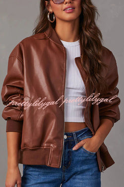 Solid Color Long Sleeve Loose Pocket Leather Jacket