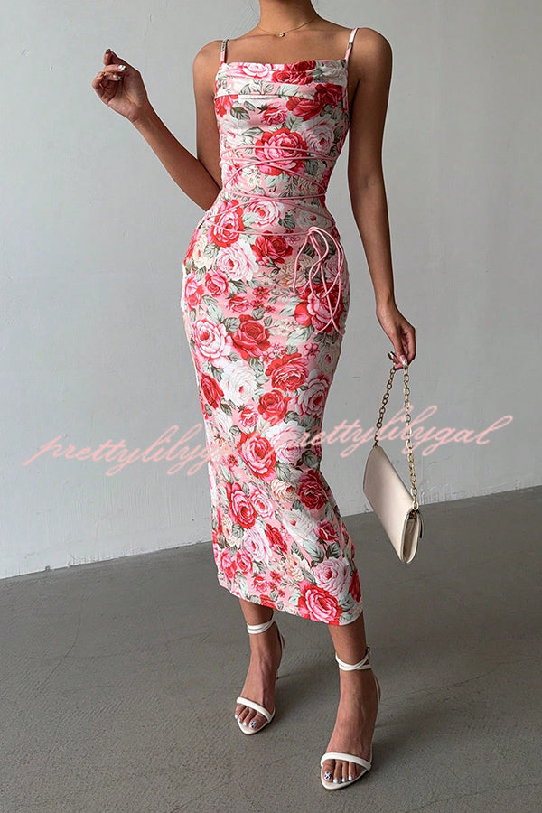 Floral Print Sexy Halter Back Slim Fit Lace Up Midi Dress