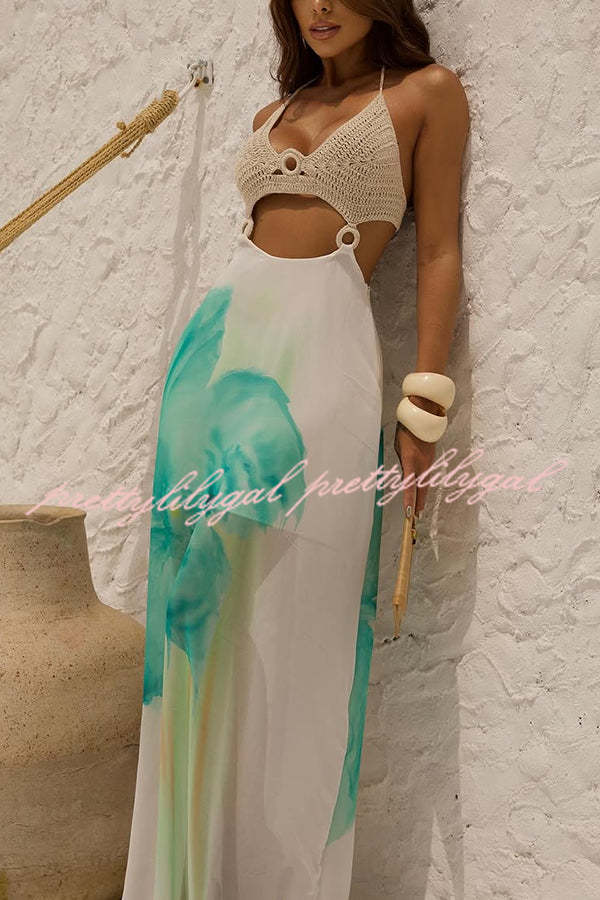 Lily Crochet Knit Bust Ring Floral Print Tulle Hem Maxi Dress