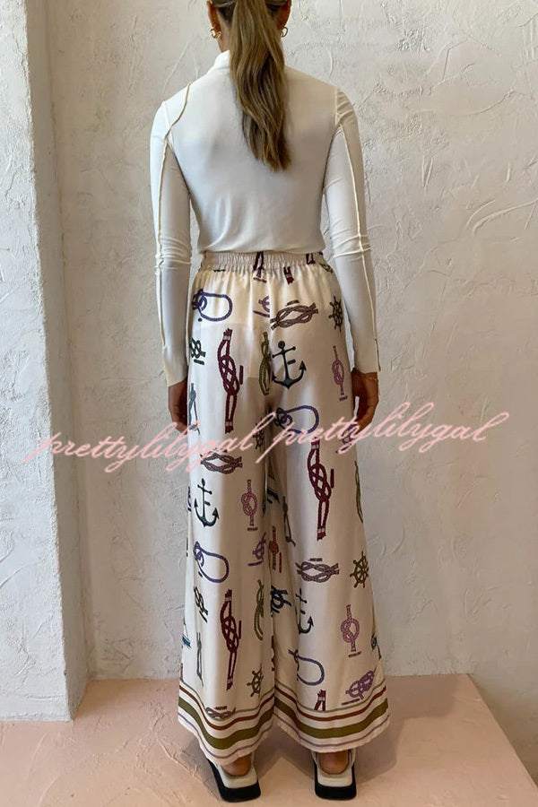 Sail Away Satin Unique Nautical Motifs Print Elastic Waist Pocketed Wide Leg Pants