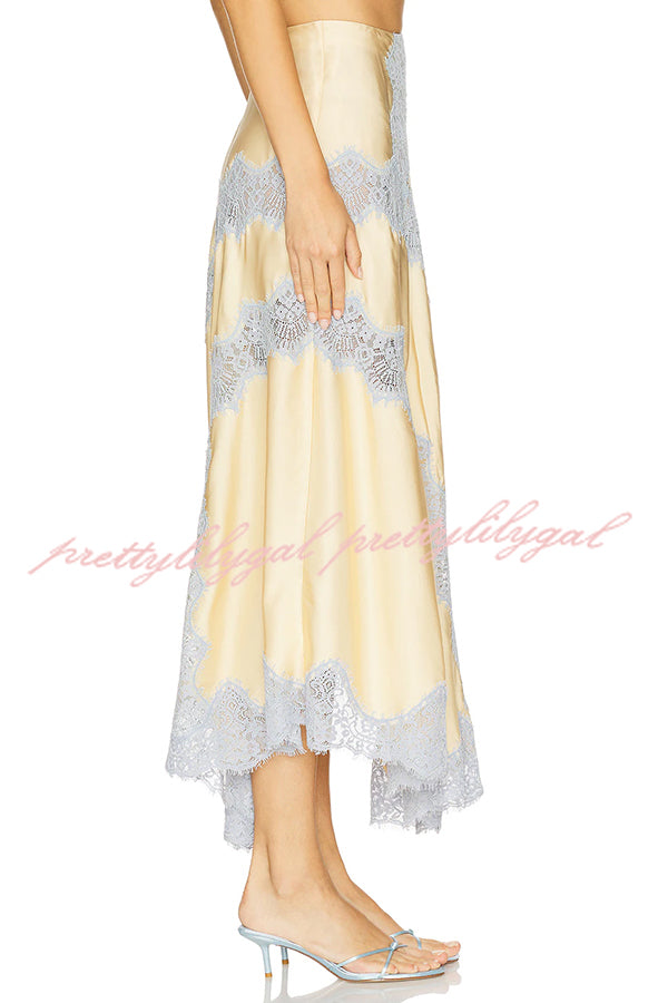 Wine Tasting Contrast Color Satin Lace Trim Irregular Hem Drape Midi Skirt