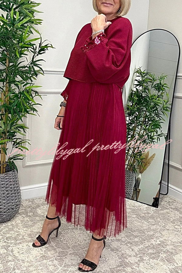 Fenna Ribbed Sequin Trim Batwing Sleeve Sweater and Pleated Tulle Stretch Tank Midi Dress Two-piece Set