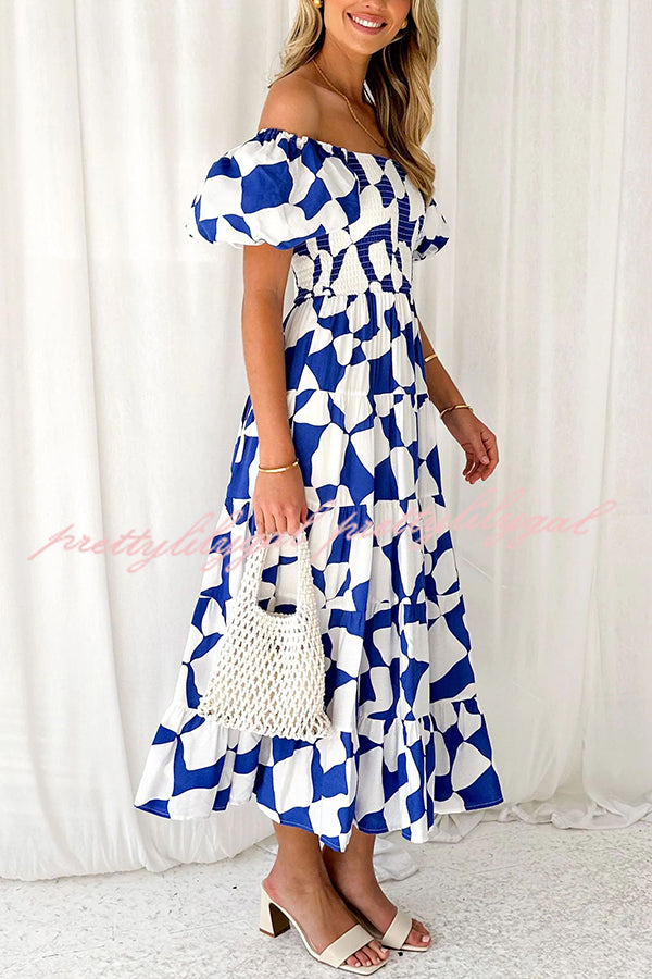 Petal Princess Unique Print Smocked Waist Puff Sleeve Midi Dress