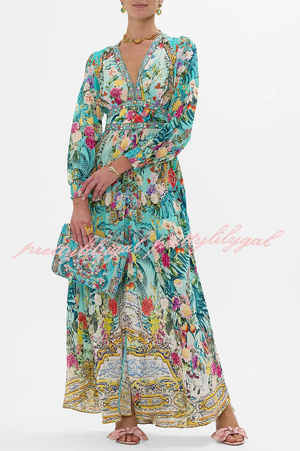 Fairy Tale Print V-Neck Lantern Sleeve Waist Maxi Dress