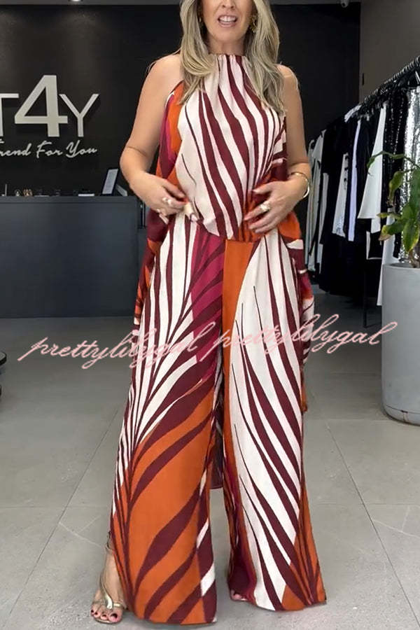 Edina Unique Print High Low Halter Loose Top and Elastic Waist Pocketed Wide Leg Pants Set