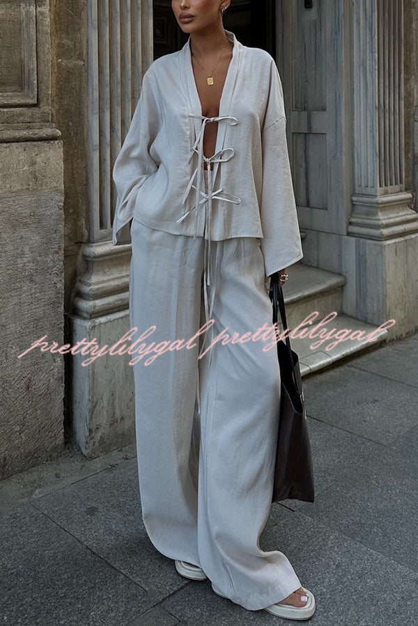 Stylish Loose Tie Shirt and Elastic Waist Wide-leg Pants Set