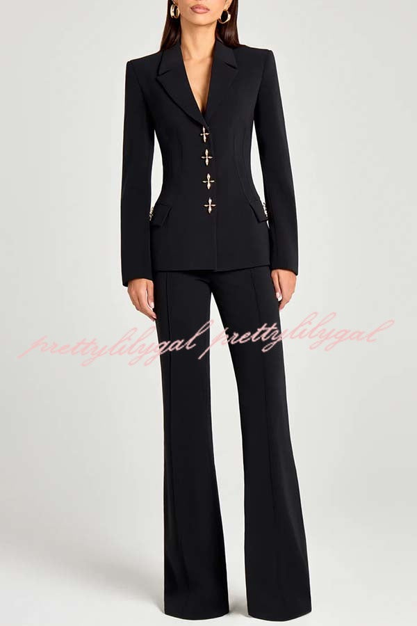 Women Power Metal Cross Snap Button Long Sleeve Lapel Blazer