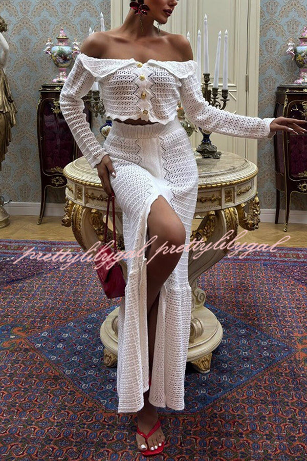 Fashion Knitted Off-the-shoulder Long-sleeved Top and Elastic Slit Maxi Skirt Set
