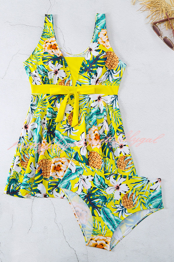 Cheerful Floral Print Bow Detail Tankini Swimsuit Set