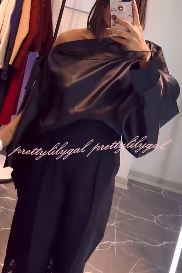 Chic Moment Satin Irregular Knot Slit Sleeve One Shoulder Loose Blouse