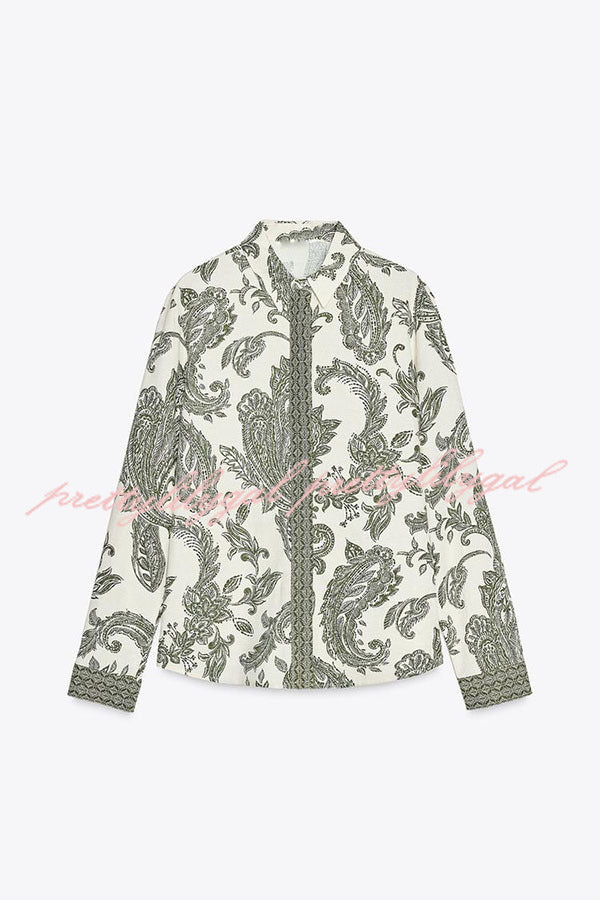 Blend Into Leaves Linen Blend Unique Print Long Sleeve Blouse and Wrap Tie-up Mini Skirt Set