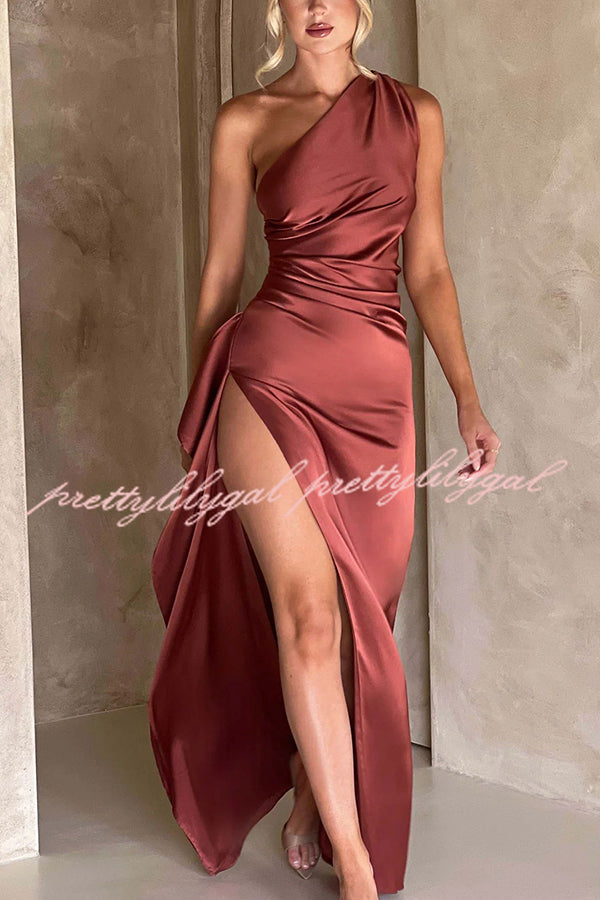 Fits Your Curves Satin One Shoulder Drape Slit Maxi Dress