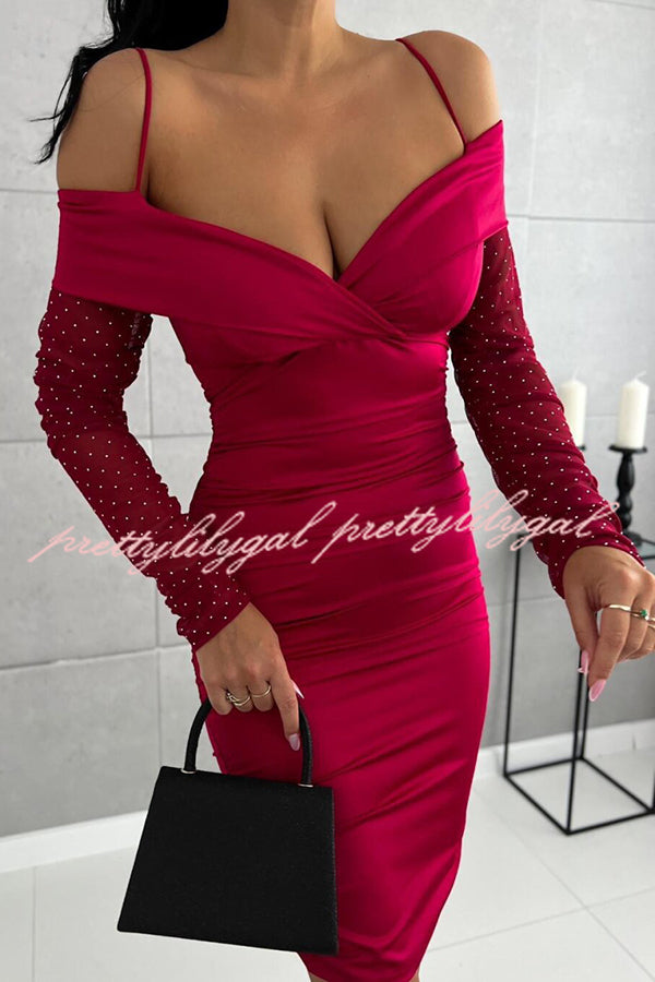 Christy Off Shoulder Mesh Glitter Sleeve Ruched Stretch Mini Dress