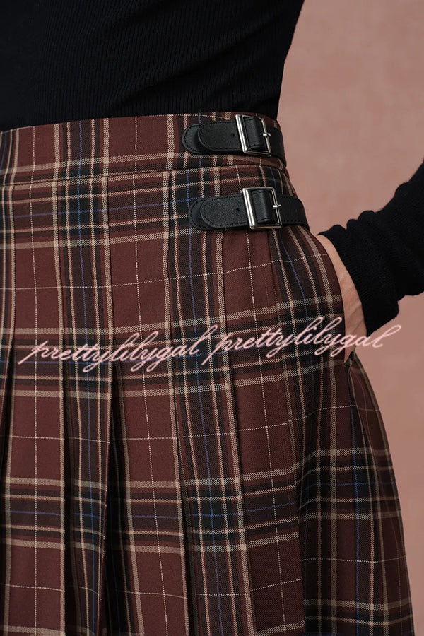 Yehudit Plaid Belt Buckle Design High Rise Pocket Midi Umbrella Skirt
