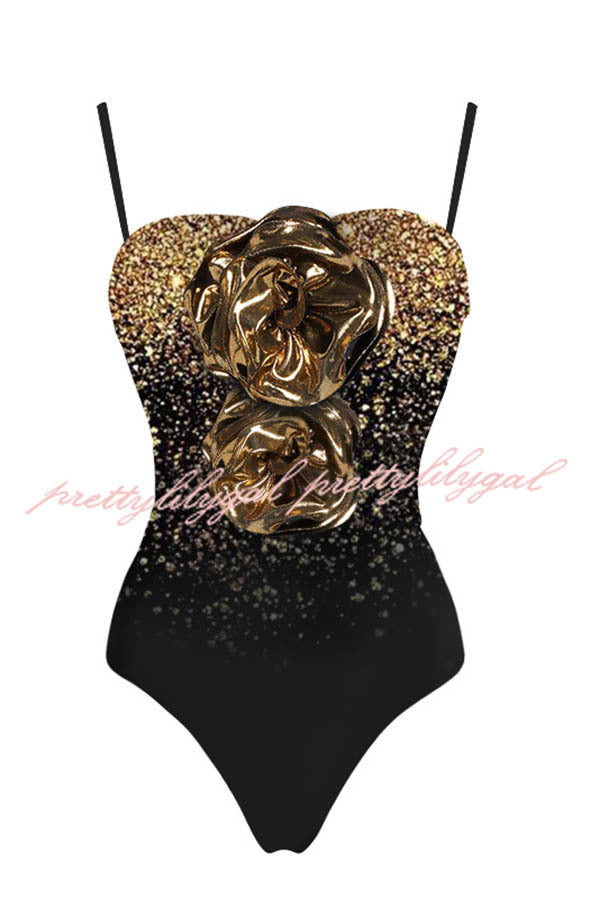 Ombre Sequin Print Metallic Fabric Flower Embellished Stretch One-piece Swimsuit