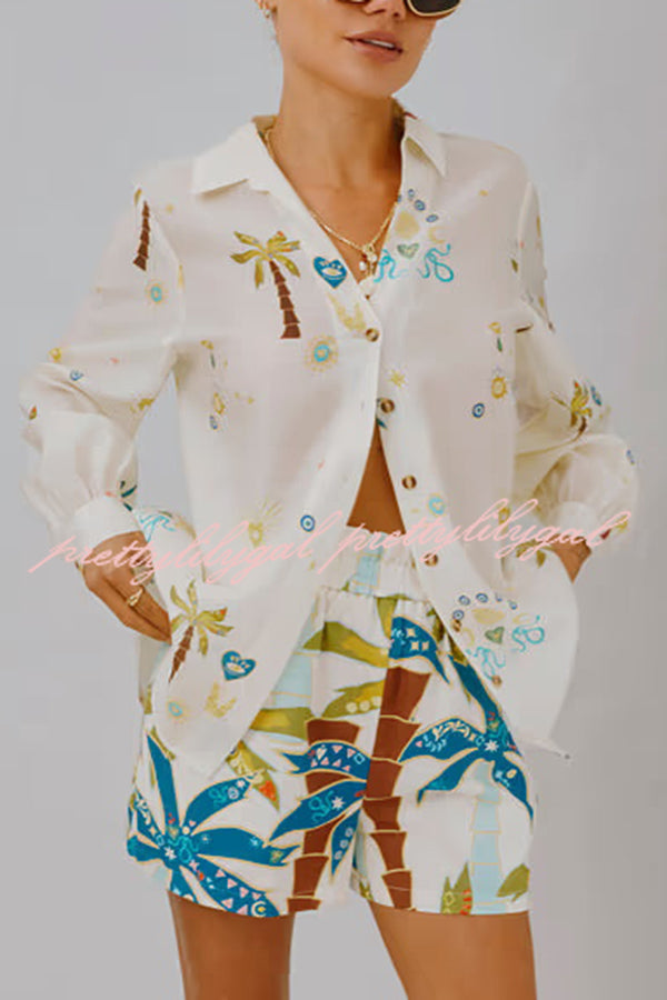 Linen Blend Resort Coconut Palm Print Long Sleeve Lapel Shirt and Elastic Waist Casual Pocket Shorts Set