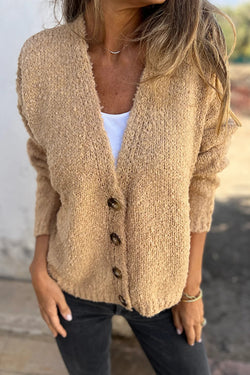 Solid Color V-neck Long-sleeved Fashionable Knitted Cardigan