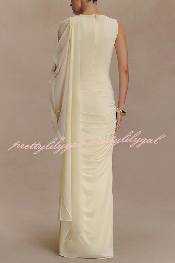 Fashionable Mesh Shawl Sleeveless Slim Fit Pleated Maxi Dress